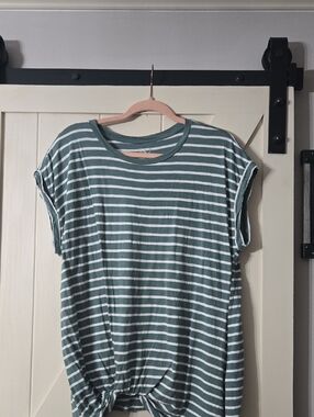 Striped Sage & White Short Sleeve Knot Front Tee